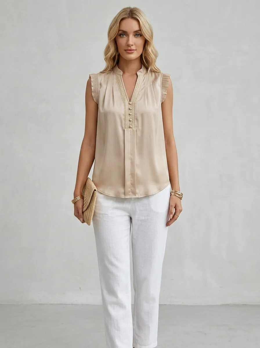 Pleated Trim Button V-Neck Sleeveless Blouse