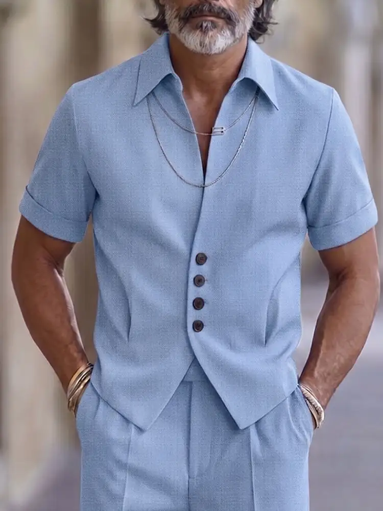 Refined Button Placket Short Sleeve Shirt Shorts Set