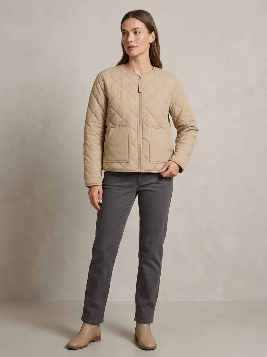 Women's Beige Crewneck Diamond-Quilted Square-Pocket Jacket