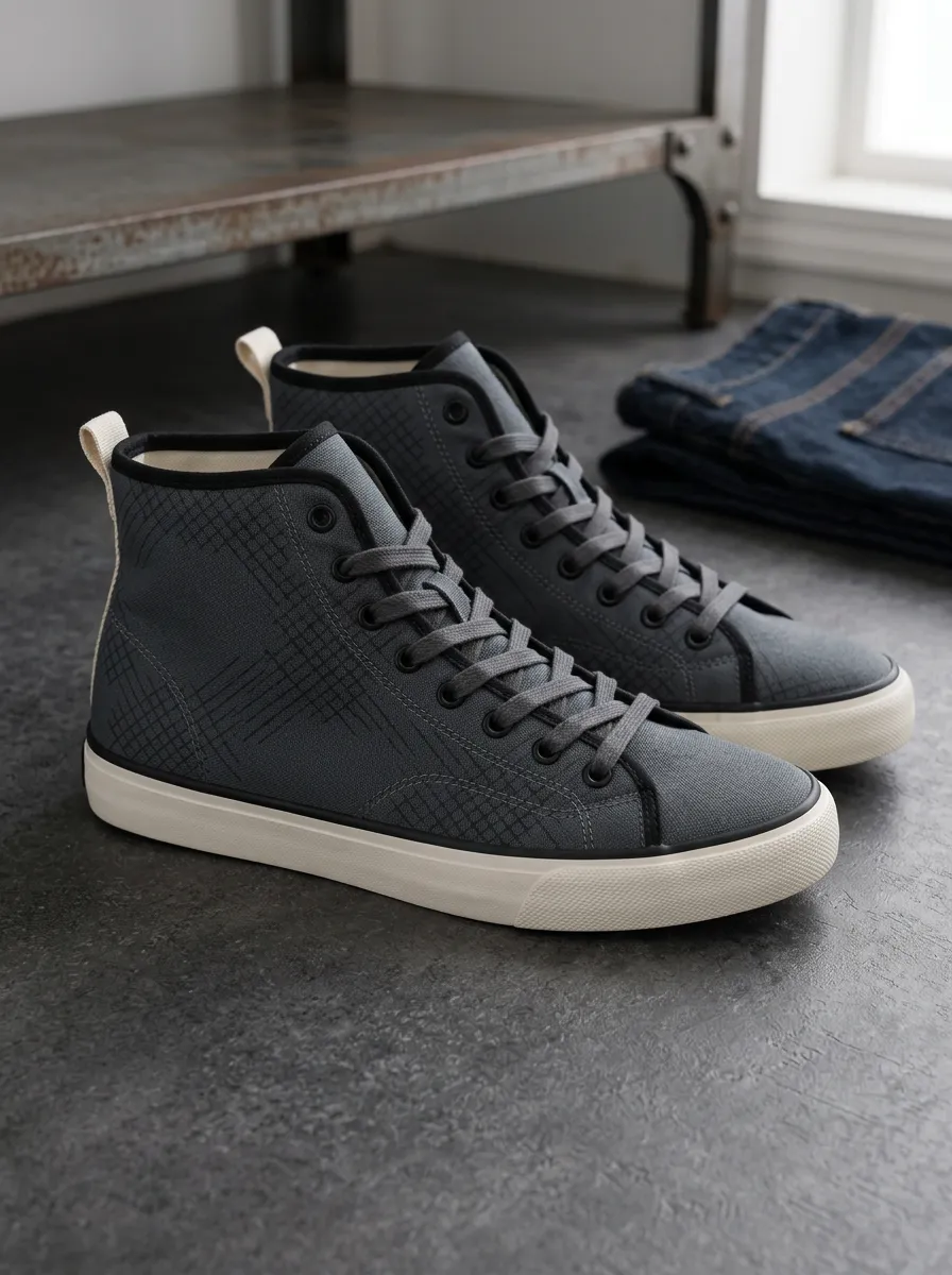 Men's Geometric Grid Pattern Printed Canvas High Top Shoes