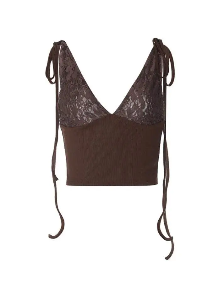 V-Neck Lace Lace-Up Slim-Fit Tank Top