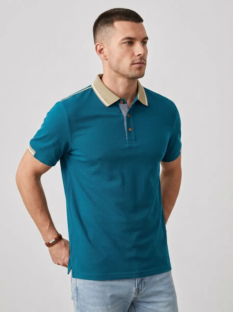 Men's Casual Business Contrast Collar Striped Placket Polo Shirt