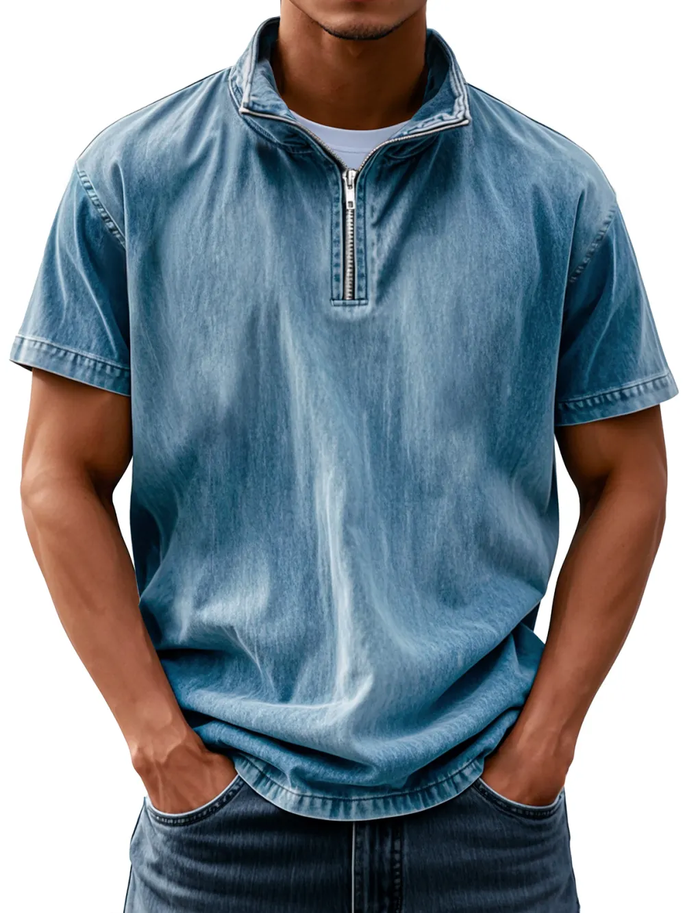 Short Sleeve Stand Collar Zip Front Shirt