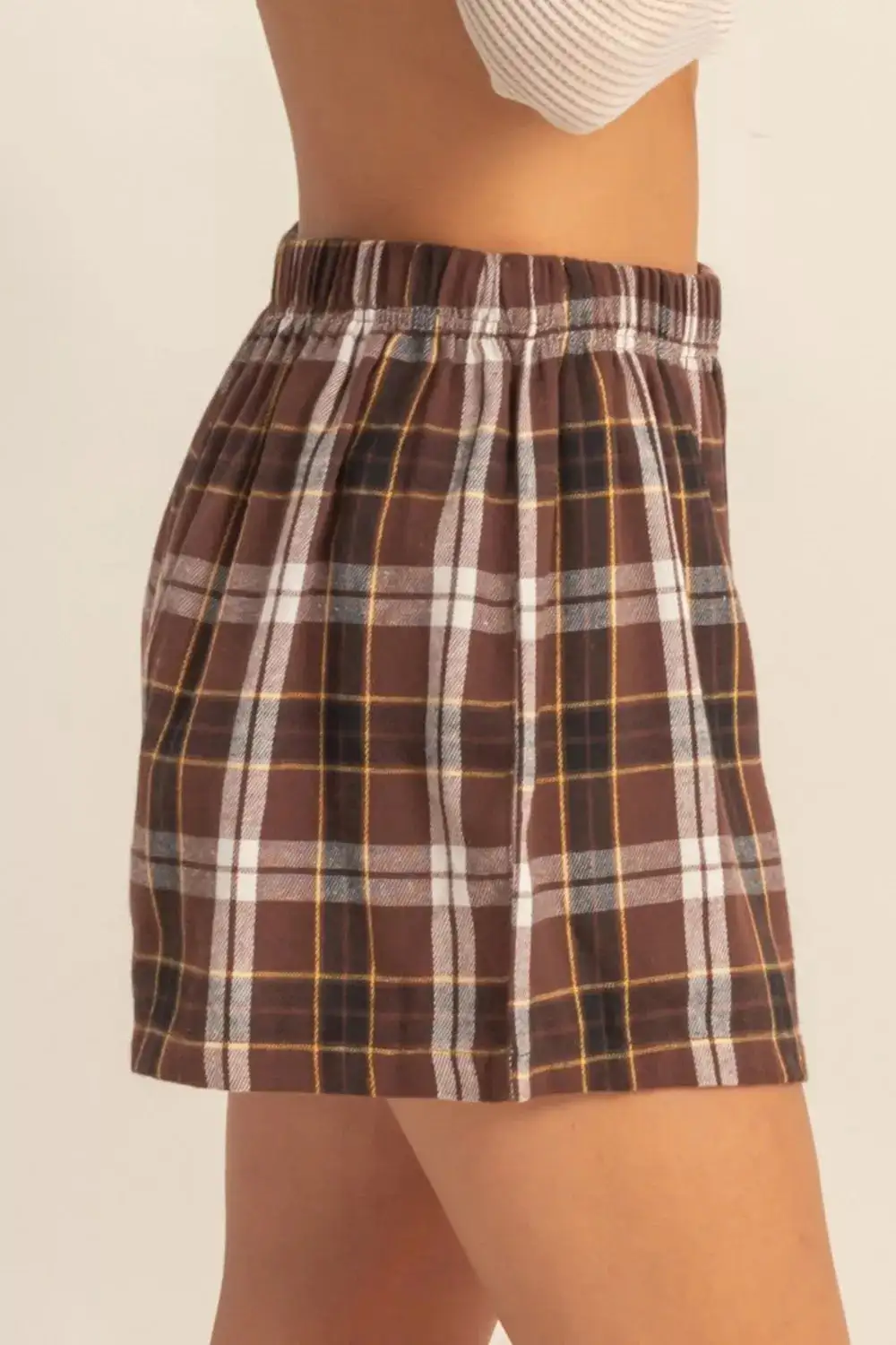 Elastic-Waist Button-Front Cotton Plaid Casual Shorts
