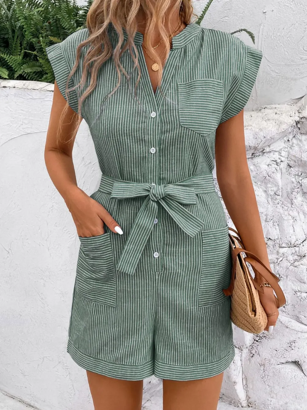 Notched Tie Waist Romper