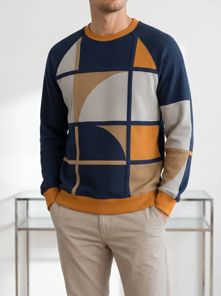 Men's Navy Multi-Color Geometric Pattern Sweater Waffle Crewneck Pullover Sweatshirt