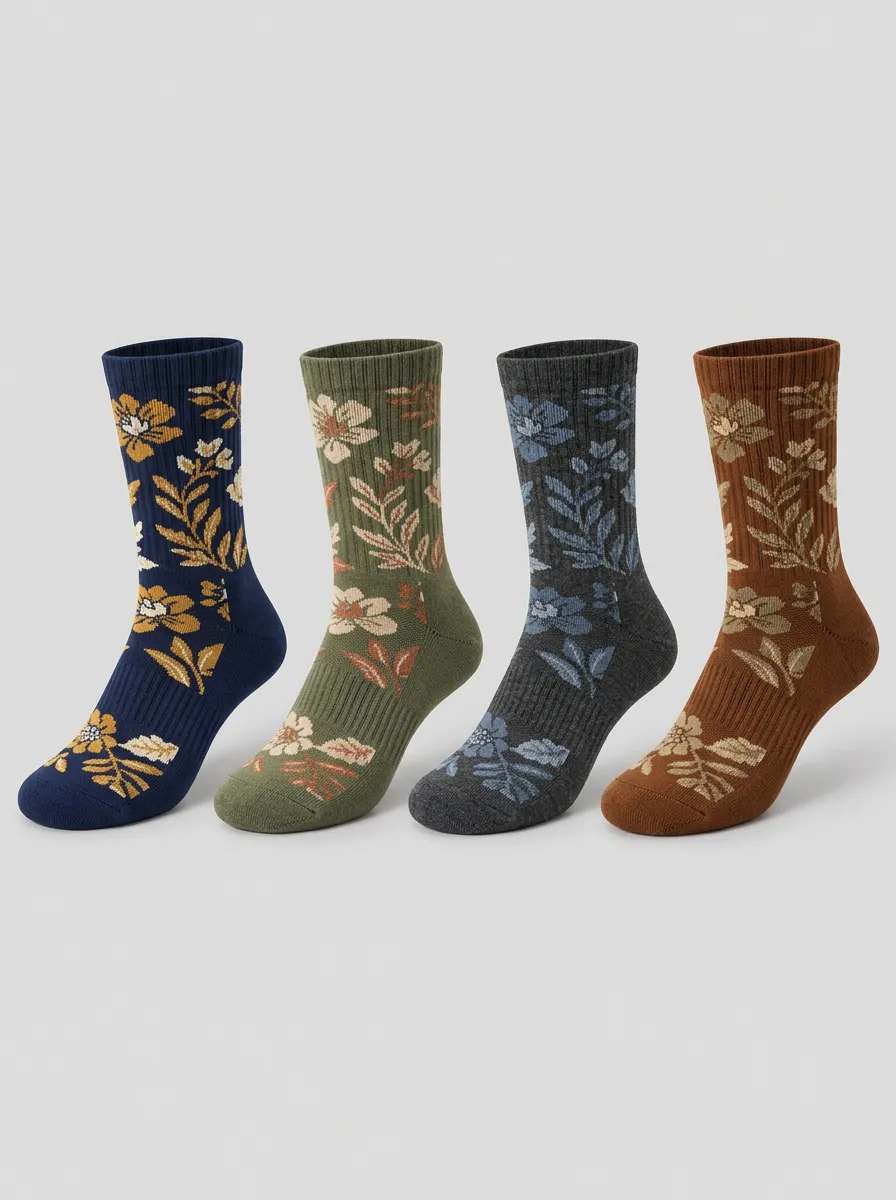 Men's Vintage Floral Botanical Printed Crew Socks 4-Pack