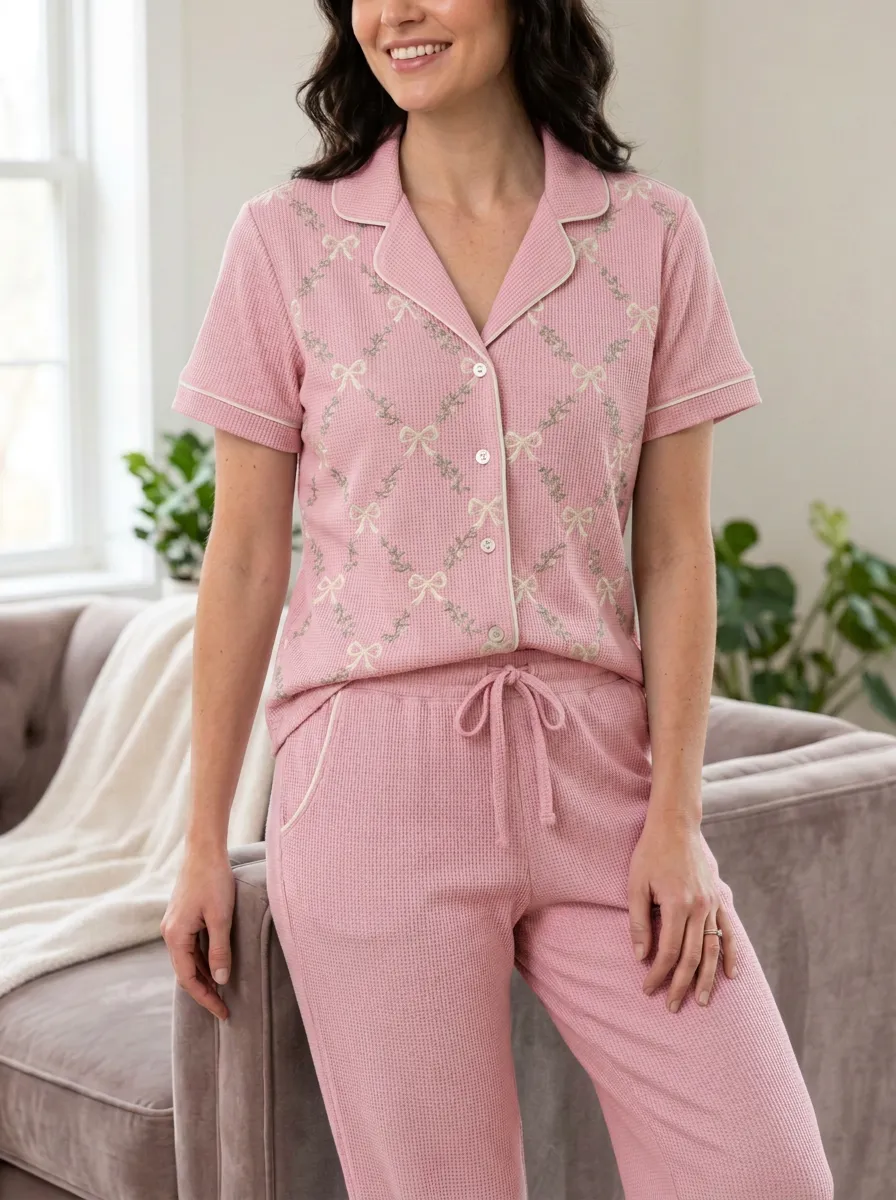 Women's Coquette Aesthetic Bow Floral Printed Waffle Pajama Set