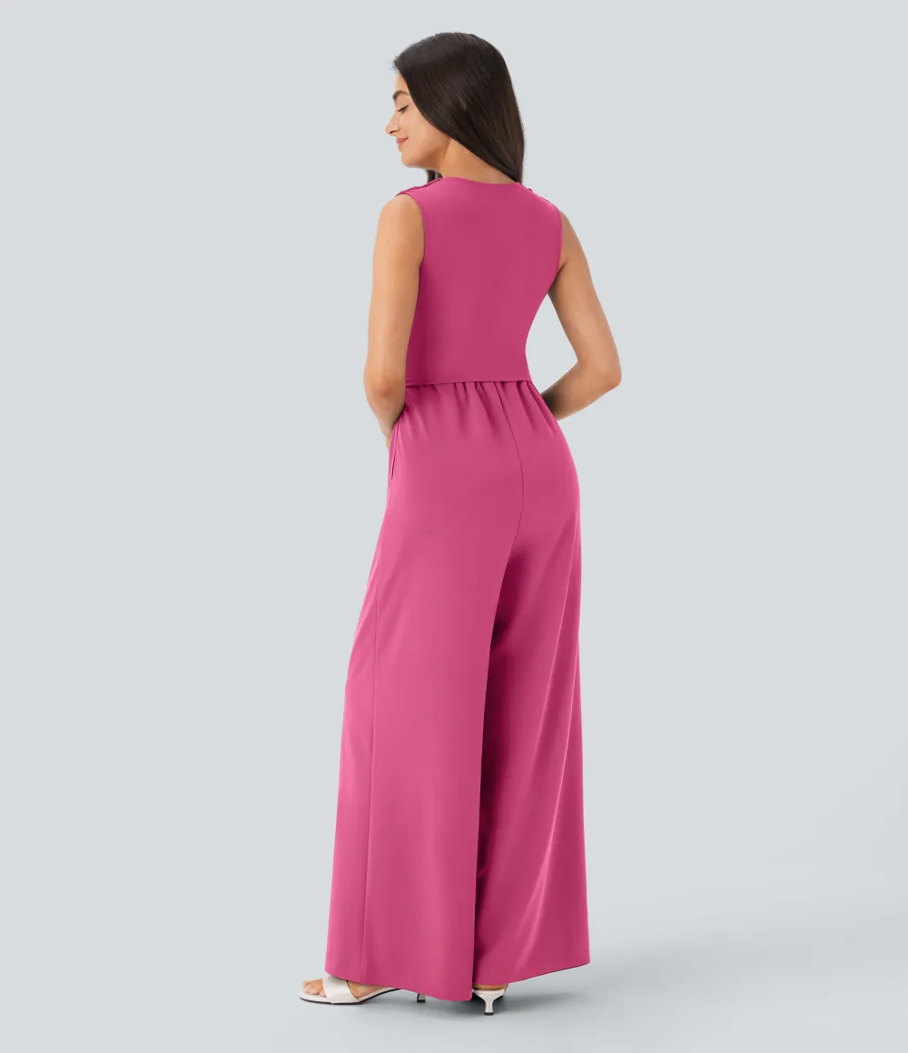 SculptKnit V Neck Sleeveless Ruched Pocket Jumpsuit-Easy Peezy