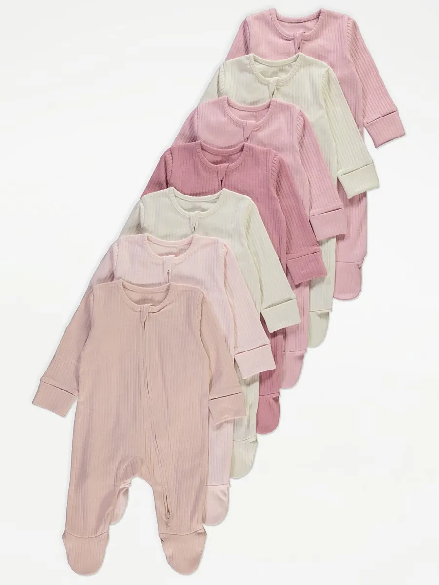 Pink Ribbed Zip Fasten Sleepsuits 7 Pack