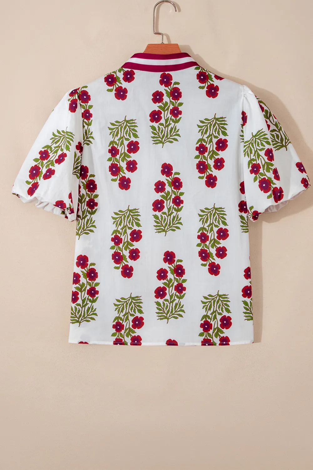 White Floral Short Bubble Sleeve Blouse