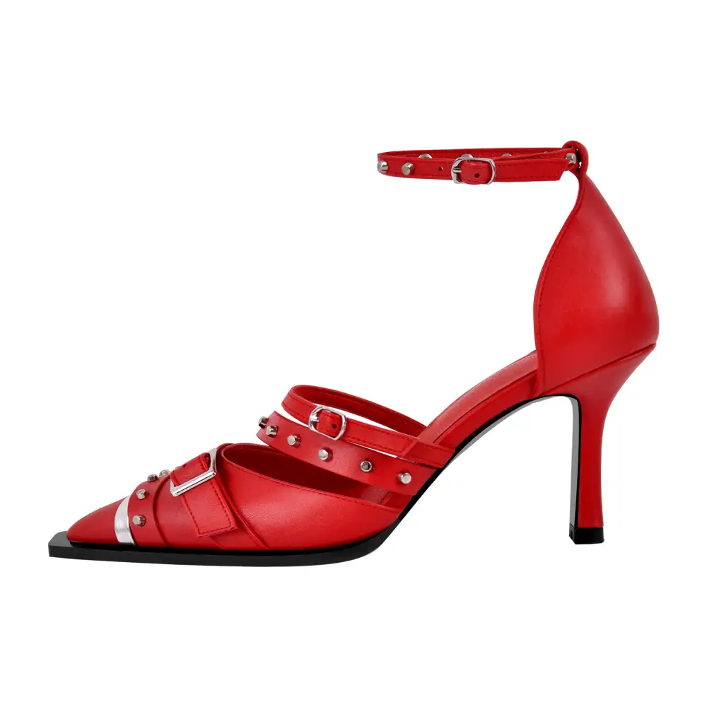 Modern Rivet Pointed Toe Stiletto Ankle Strap Pumps