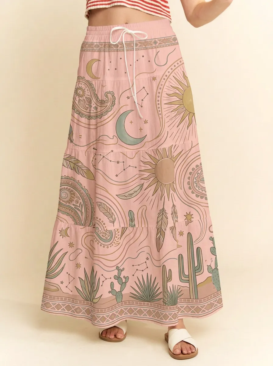 Women's Marin Celestial Boho Cactus Paisley Graphic Maxi Skirt