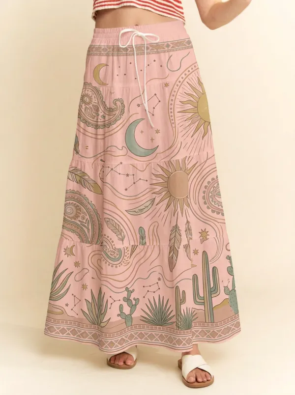 Women's Marin Celestial Boho Cactus Paisley Graphic Maxi Skirt