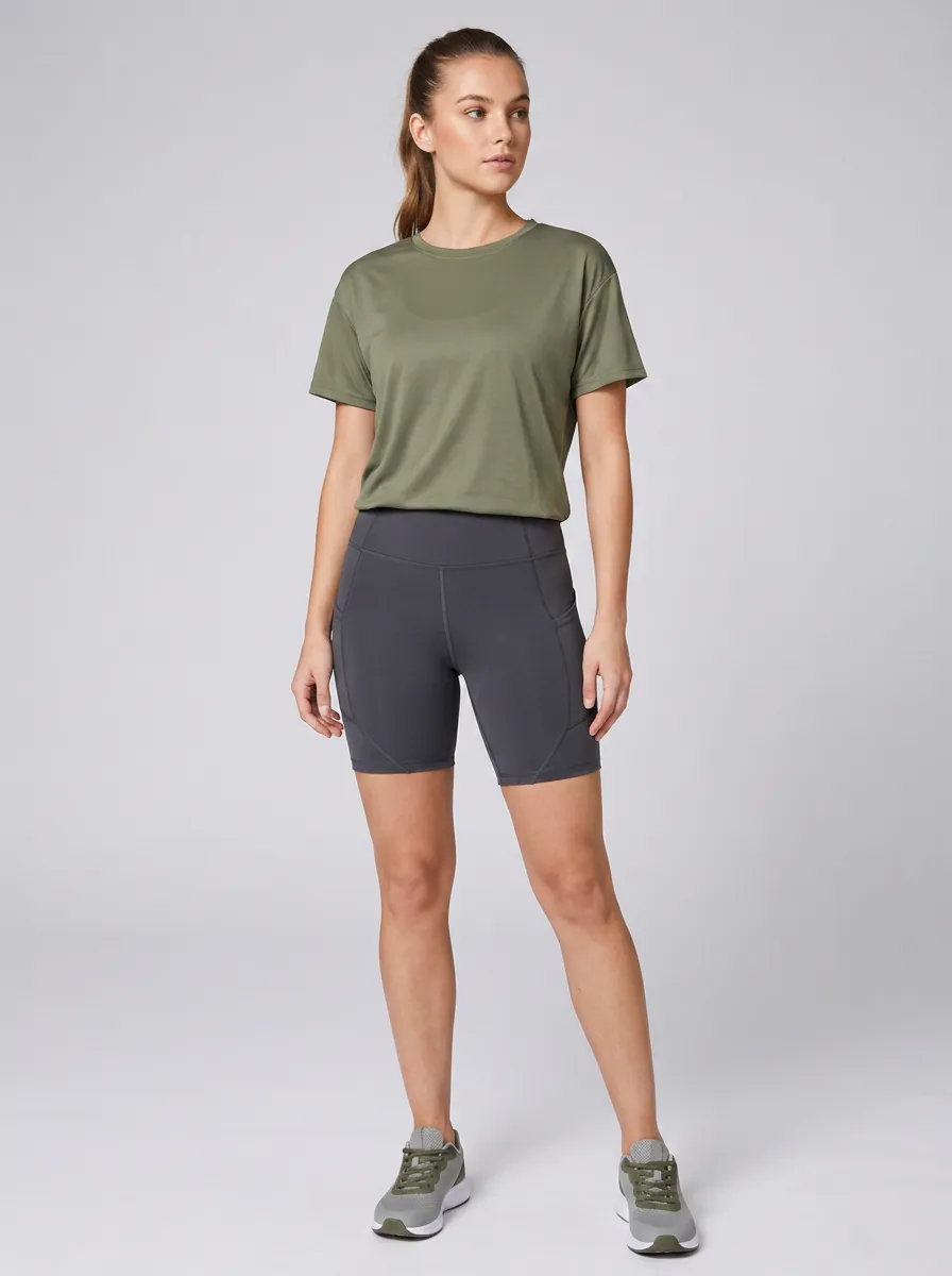 Women's Olive Green T-shirt and Charcoal Biker Shorts Athletic Set
