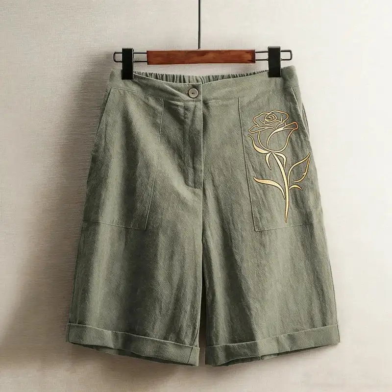 Women's Relaxed Fit Linen Floral Detail Shorts