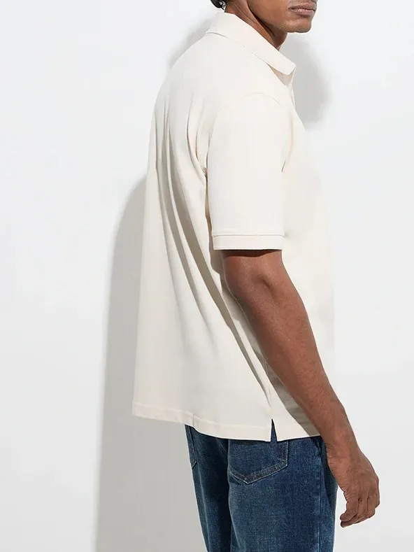 Beige Loose Cotton-Blend Polo T-Shirt