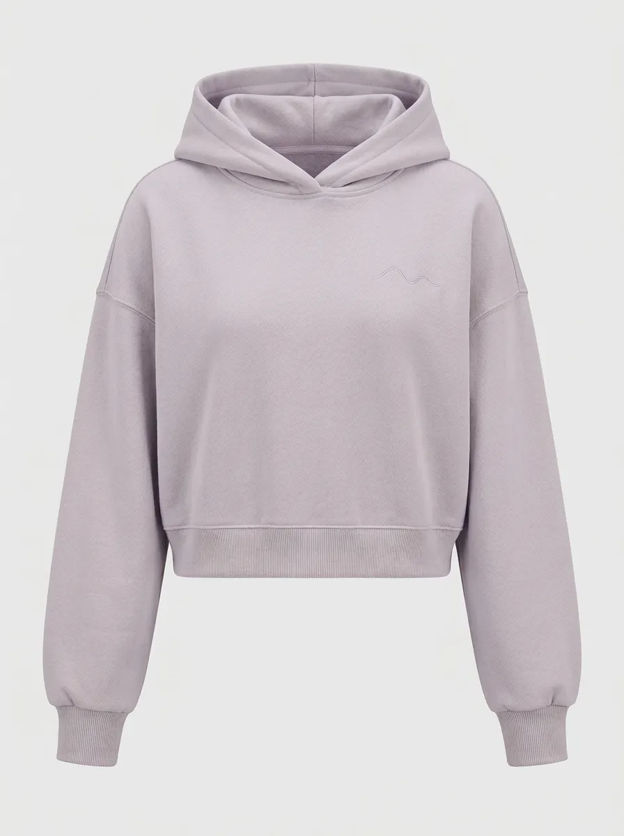 Women's Minimalist Beige Wave Embroidered Cropped Hoodie