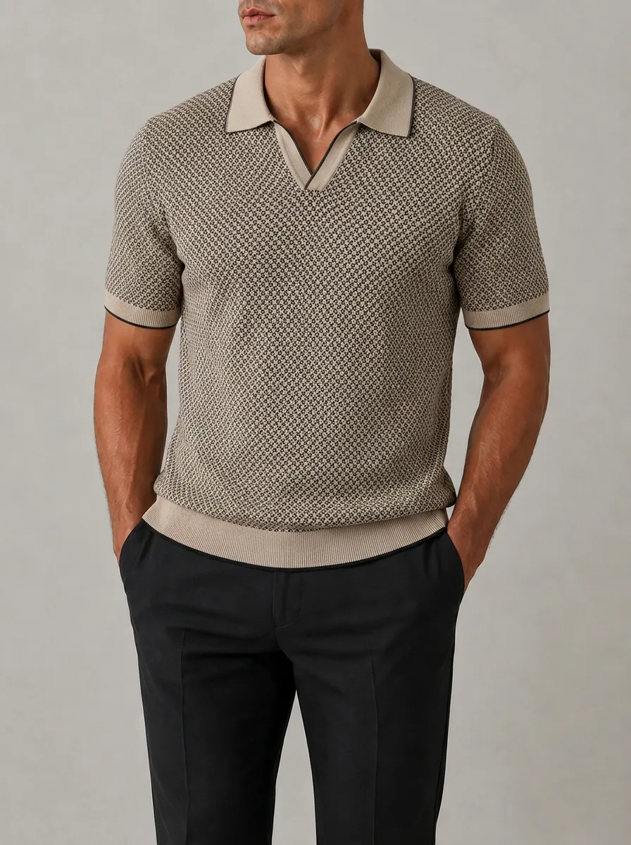 Men's Geometric Pattern Knit Polo Shirt with Ribbed Trim