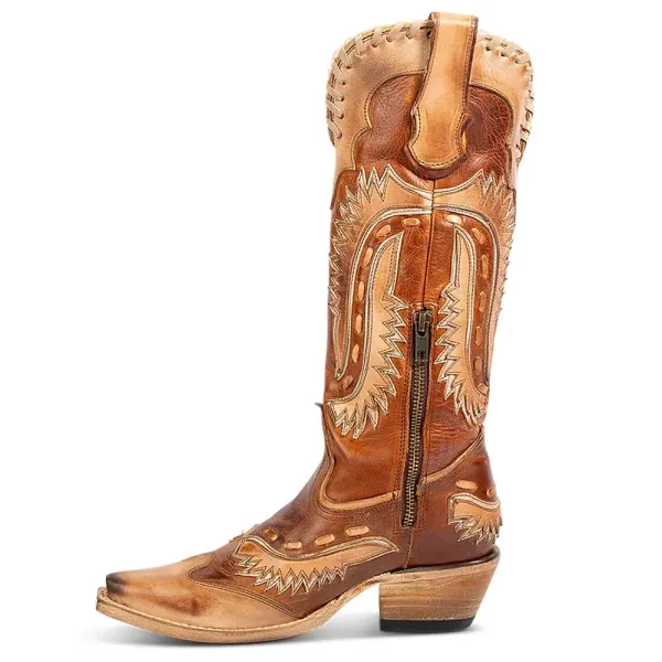 Faux-Leather Distressed Zip-Up Patchwork Mid-Calf Boots