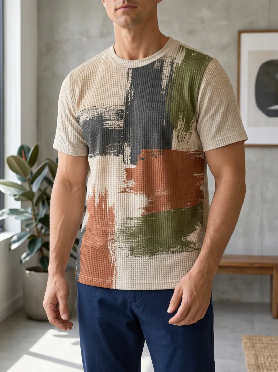 Men's Abstract Art Waffle Knit Modern Crew Neck T-Shirt