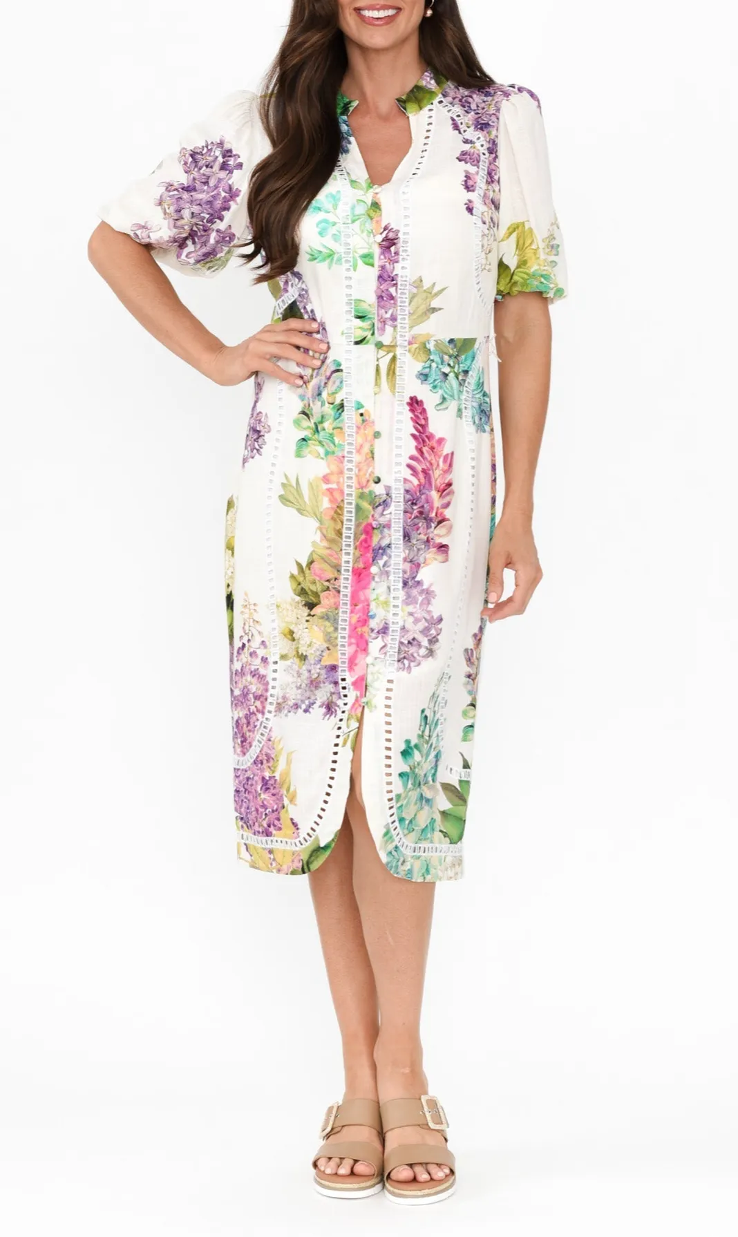 Below-Knee Floral Linen Blend Puff-Sleeve V-Neck Half-Sleeve Straight-Cut Slip Dress