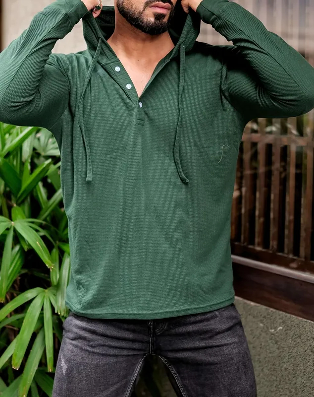 Green V-Neck Henley Style Casual Shirt