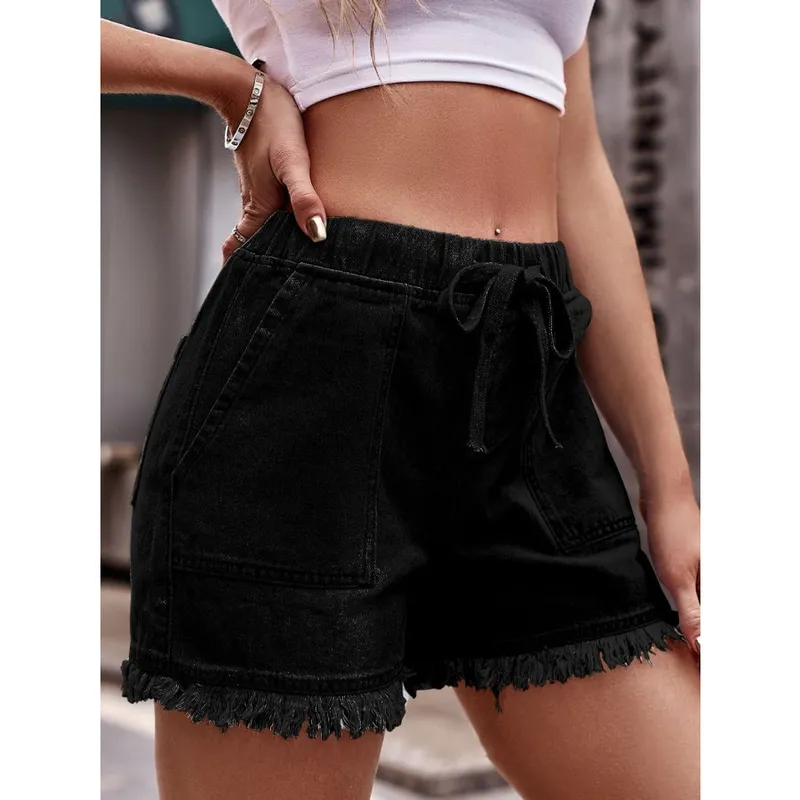 Drawstring Raw-Hem Denim Shorts
