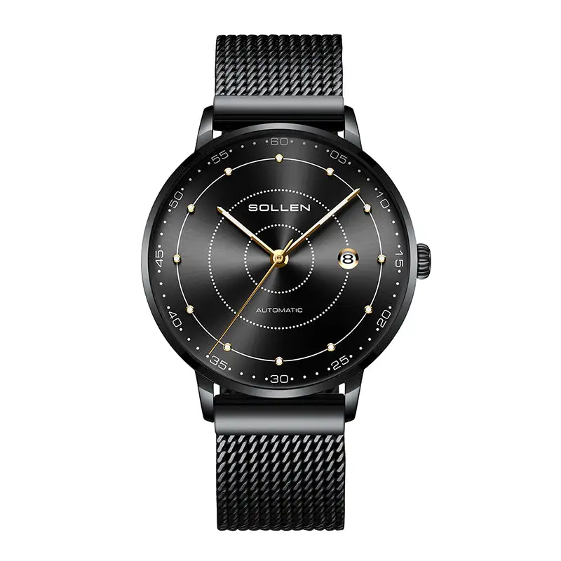 Sollen SL312 Men's Classic Automatic Mechanical Watch - 42mm Stainless Steel Case Slim 9.9mm Luminous Dot Markers Date Window Mesh Bracelet Wristwatch