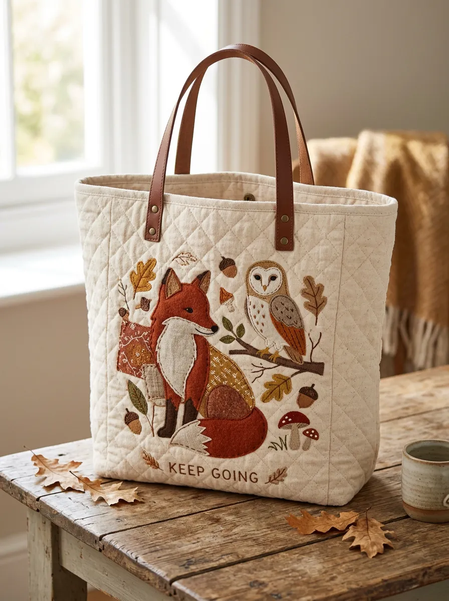 Woodland Animal Lover Fox and Owl Embroidered Tote Bag