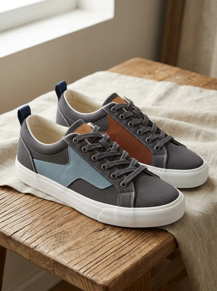 Men's Color Block Patchwork Grey Canvas Printed Shoes