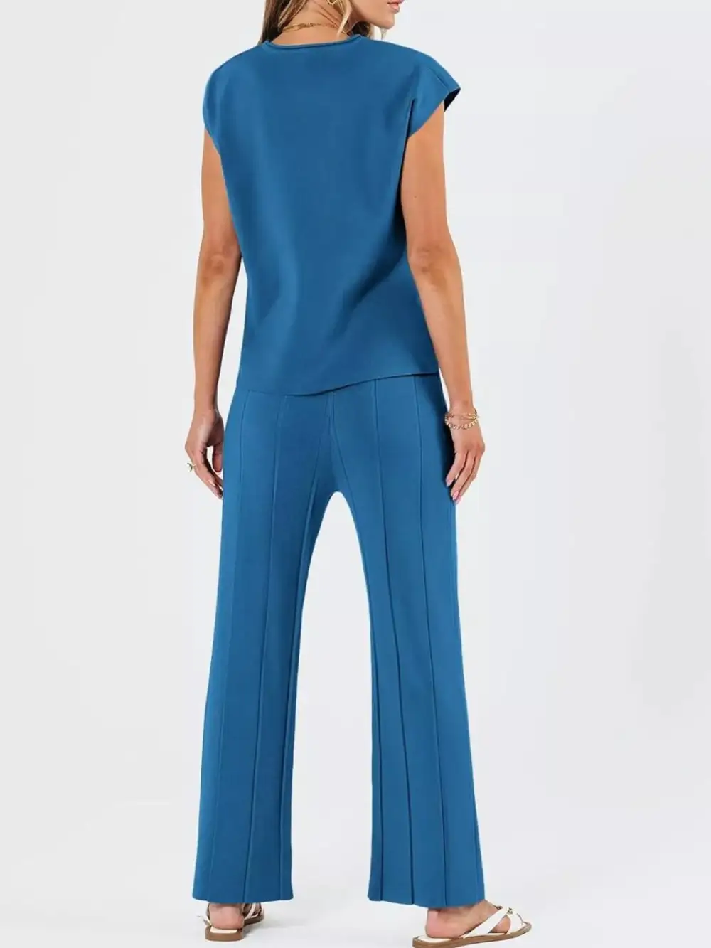 Relaxed Casual Solid Cap Sleeve Top and Pants Knit Set