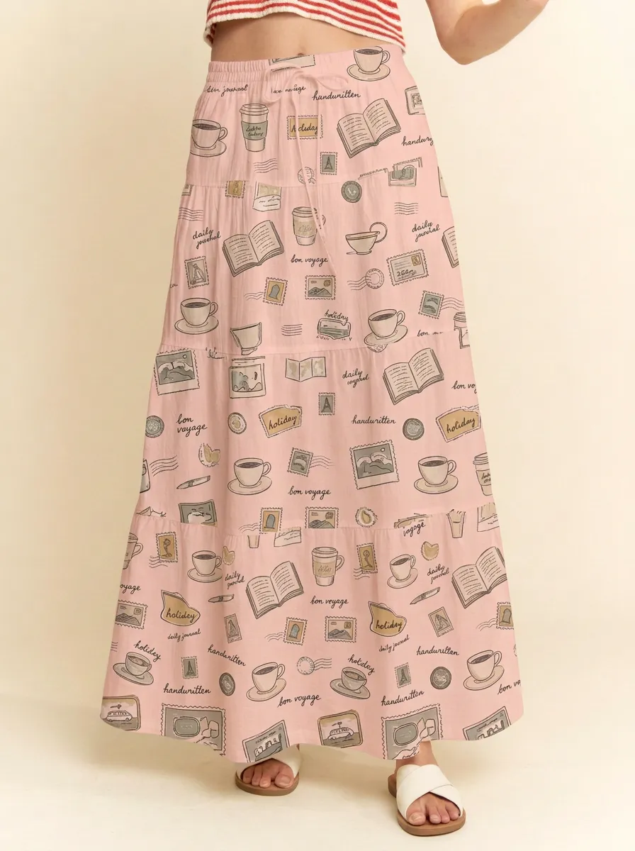 Women's Travel Coffee Book Stamp Graphic Maxi Skirt