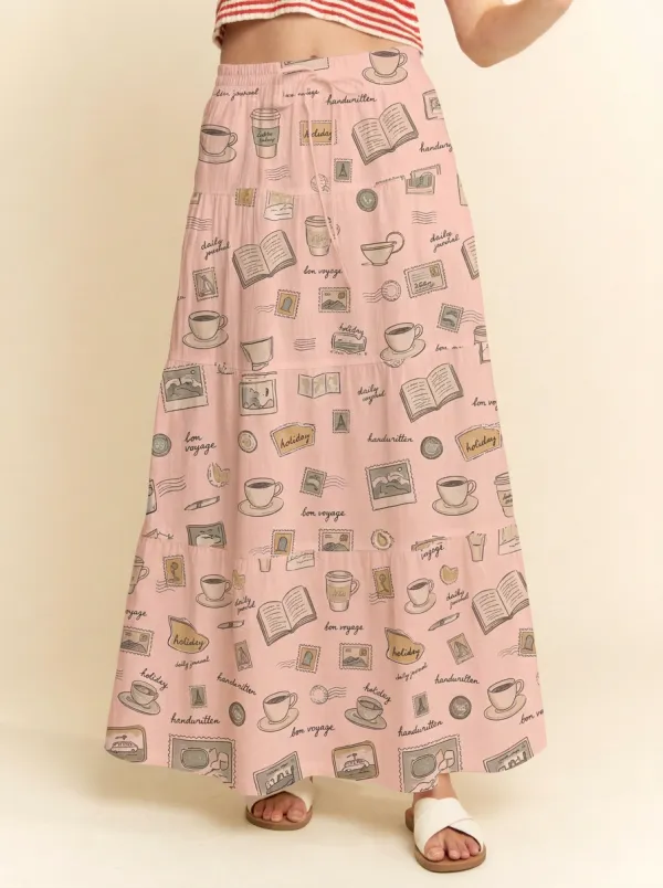 Women's Travel Coffee Book Stamp Graphic Maxi Skirt