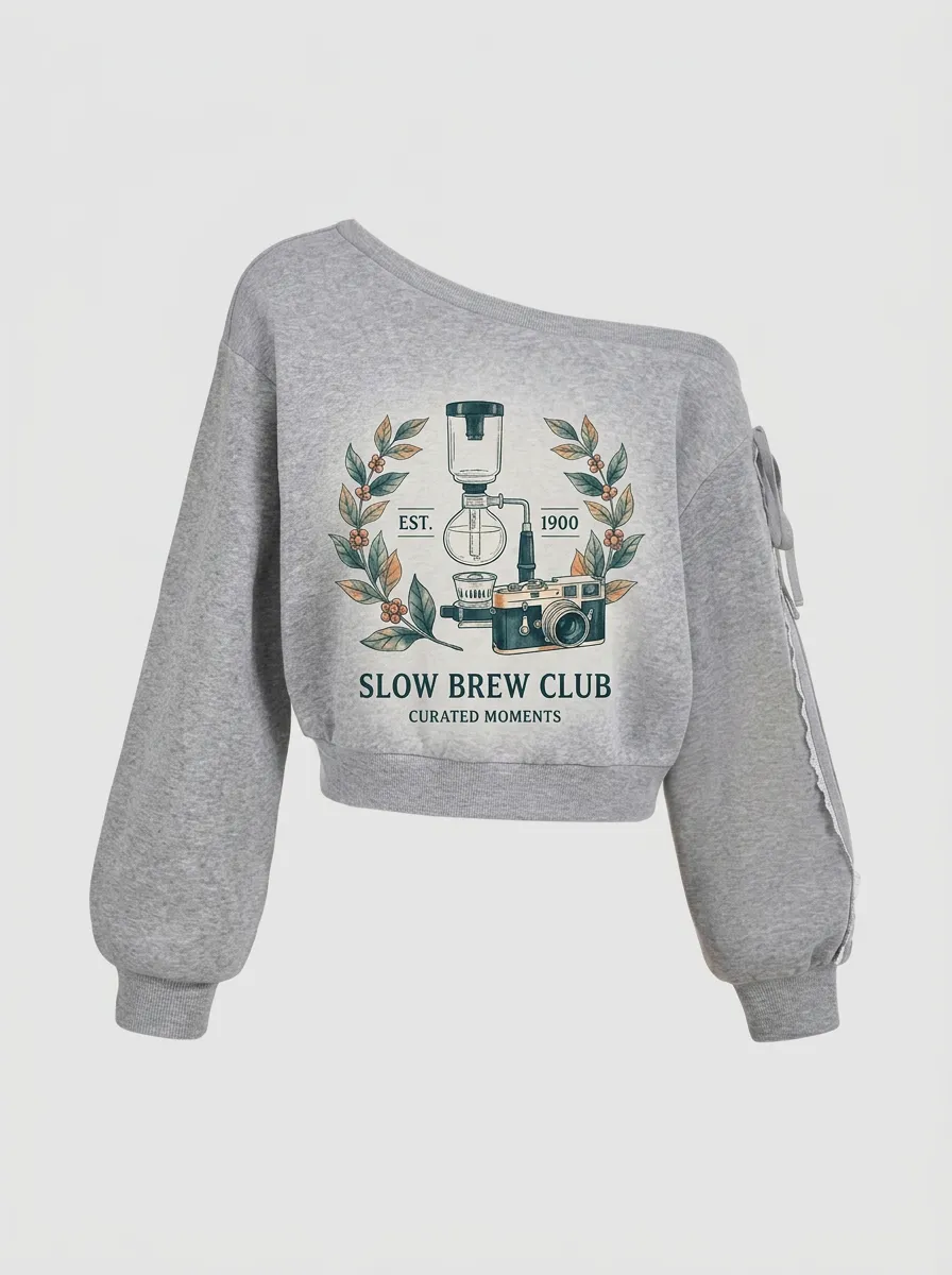 Women's Coffee Slow Brew Club Camera Graphic Off-Shoulder Sweatshirt
