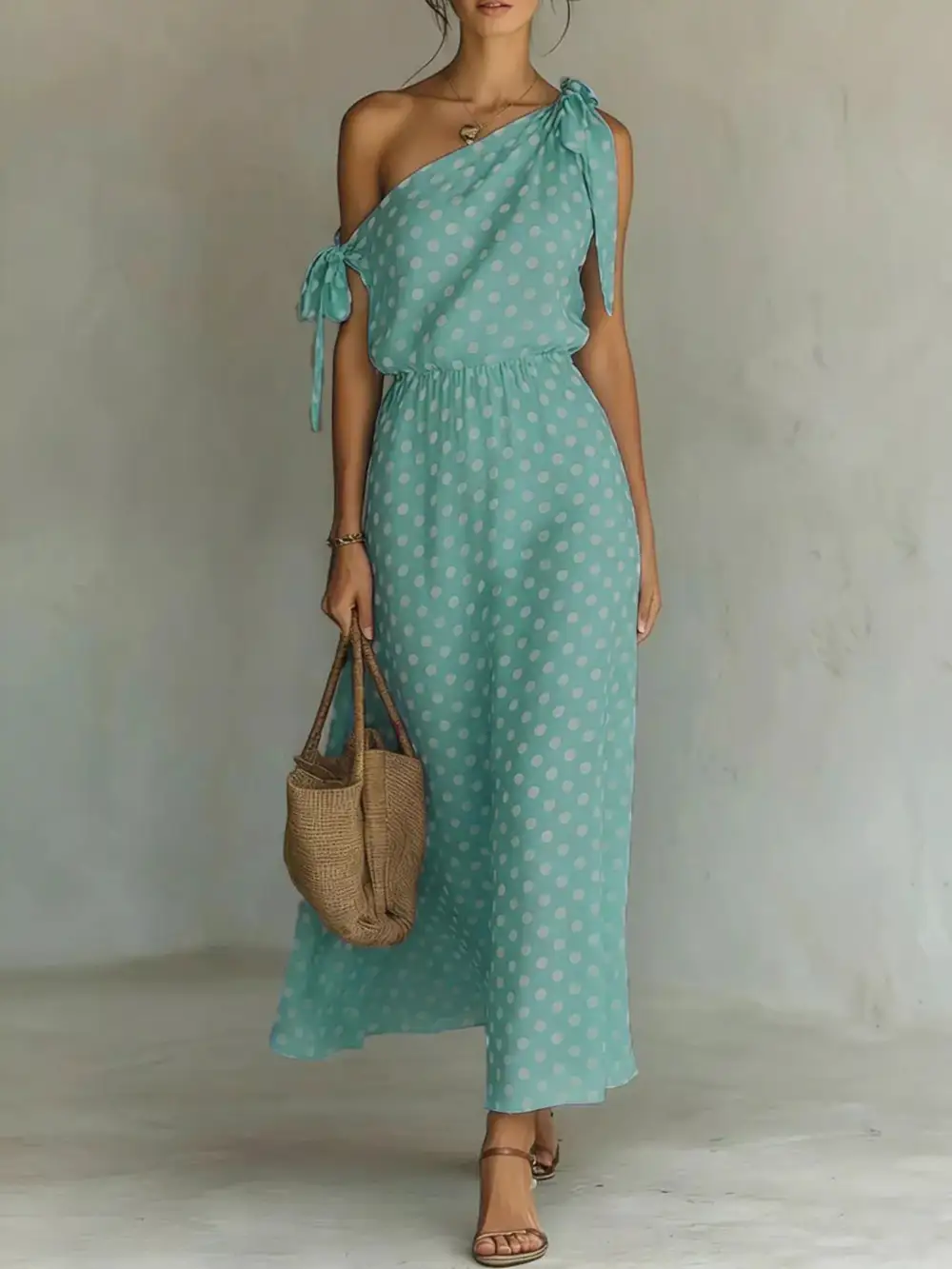 Full Size Polka Dot One Shoulder Maxi Dress With Tie Details Plus Size