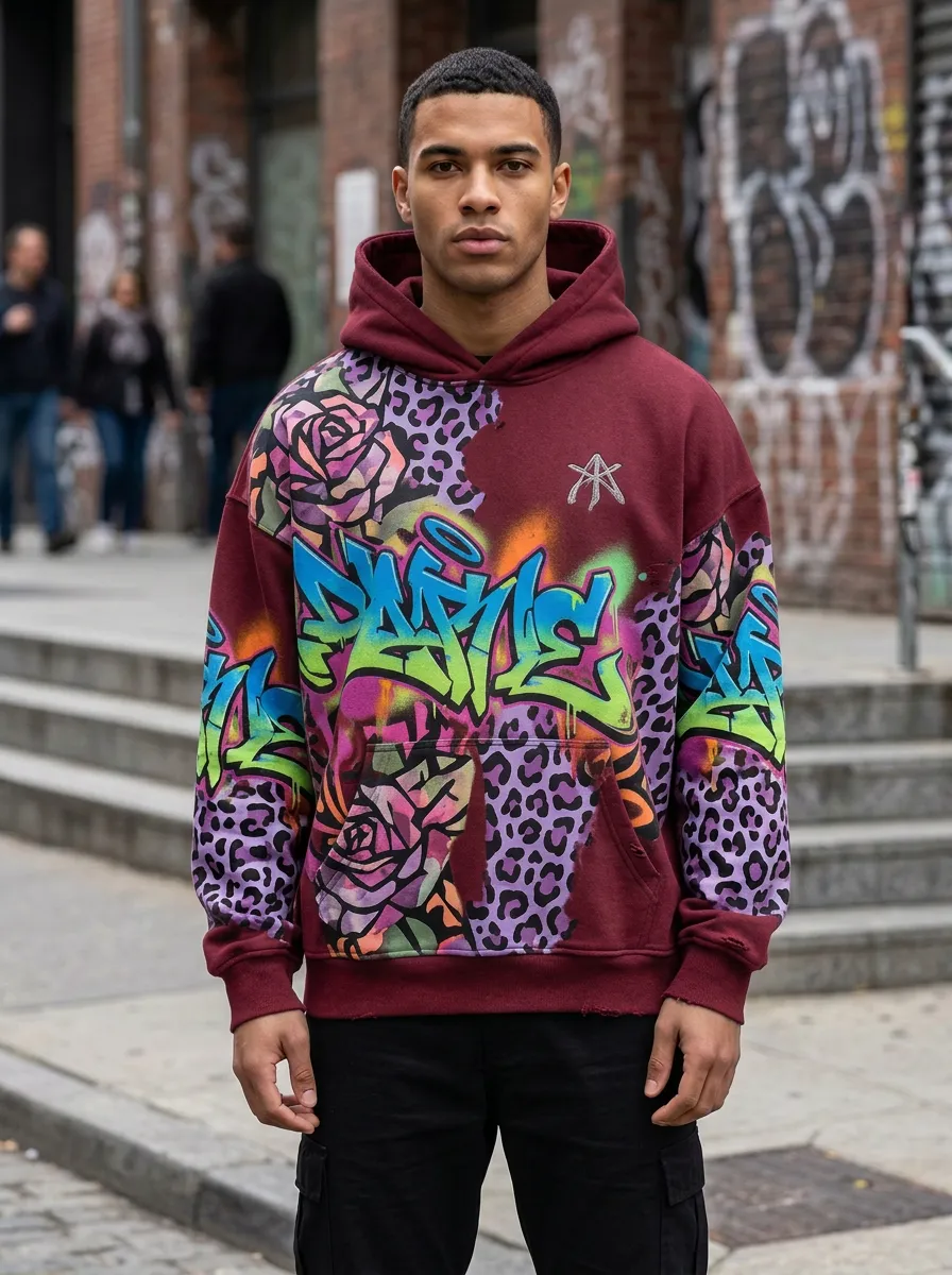 Unisex Streetwear Graffiti Rose Leopard Graphic Hoodie