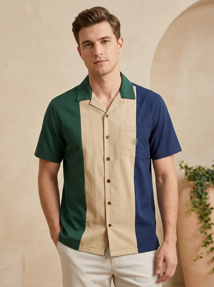 Men's Minimalist Tropical Leaf Embroidered Colorblock Camp Shirt