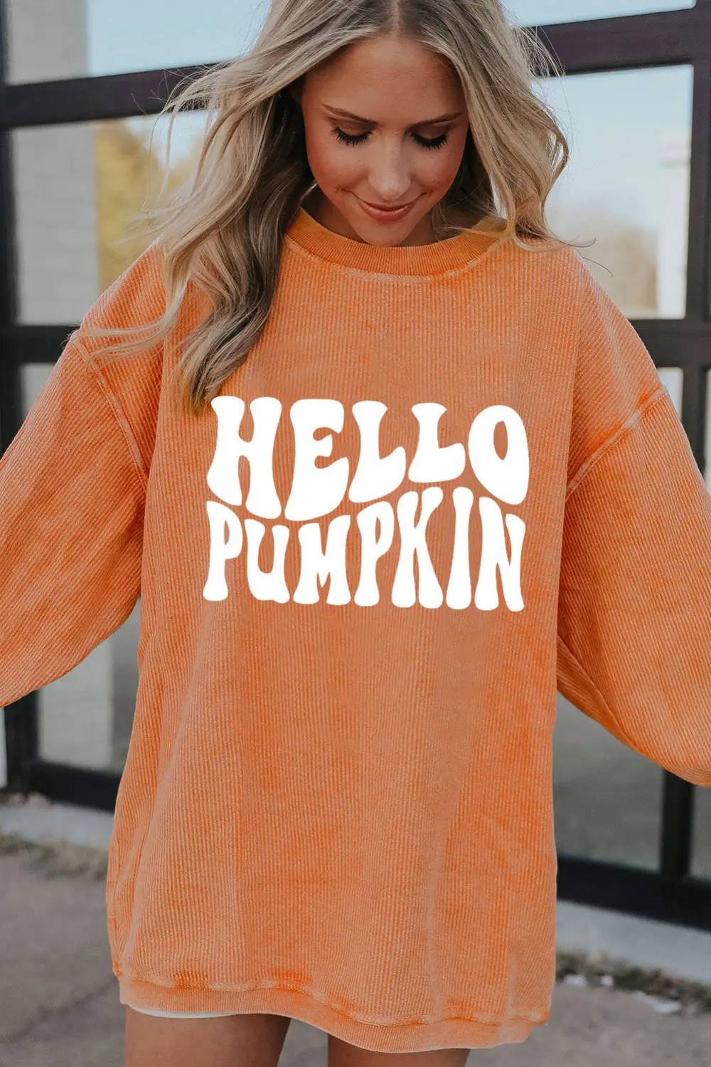 HELLO PUMPKIN Letter Graphic Corded Sweatshirt