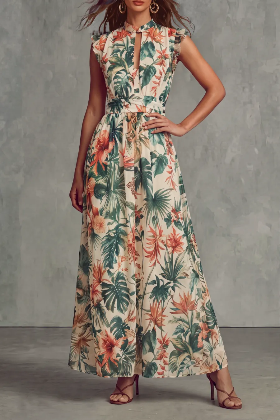 Classic Plunge Neck Floral Maxi Dress