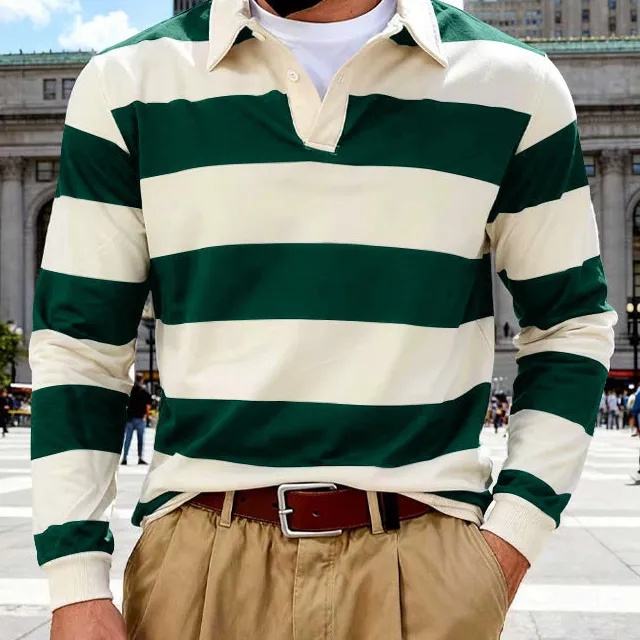 Ribbed Striped Button Placket Cotton Polo Shirt