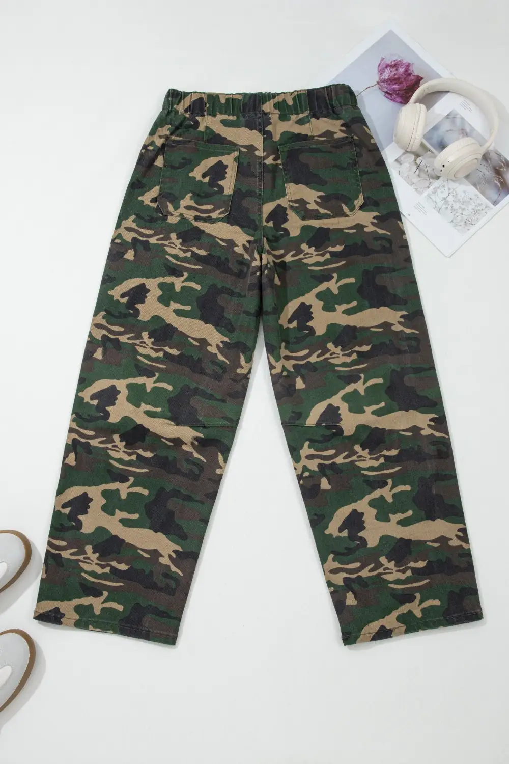 Women's Camouflage Print Drawstring Patch Pocket Ankle Length Jeans