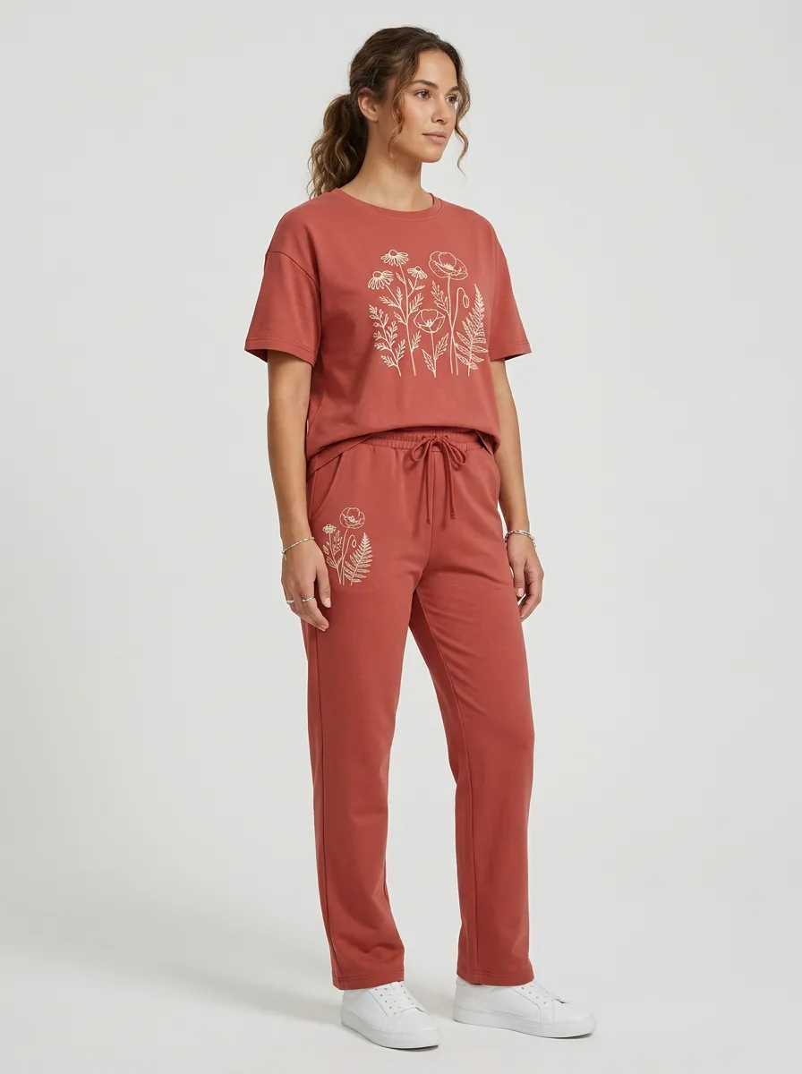 Women's Wildflower Graphic Crewneck T-Shirt and Straight-Leg Pants Set
