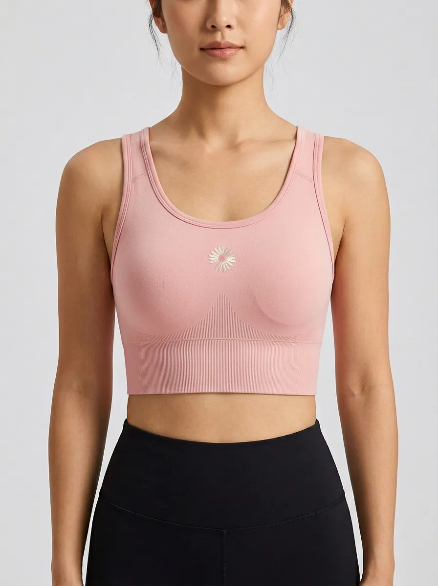 Women's Daisy-Embroidered Scoop-Neck Ribbed Seamless Center-Chest Sports Bra