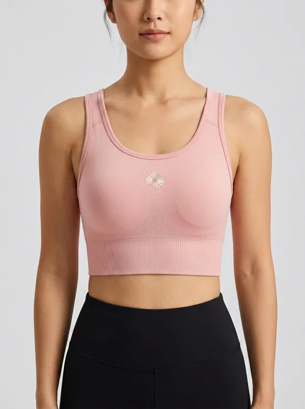 Women's Daisy-Embroidered Scoop-Neck Ribbed Seamless Center-Chest Sports Bra