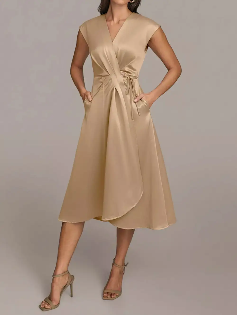 Satin Pocketed Wrap Midi Dress