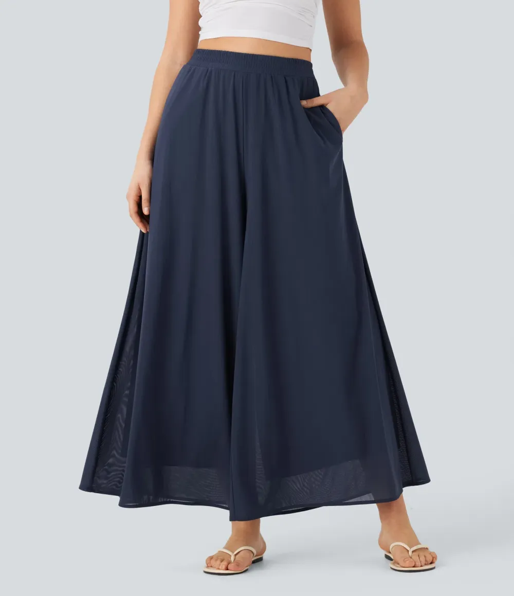 High Waisted Pocket Mesh Overlay Wide Leg Casual Pants