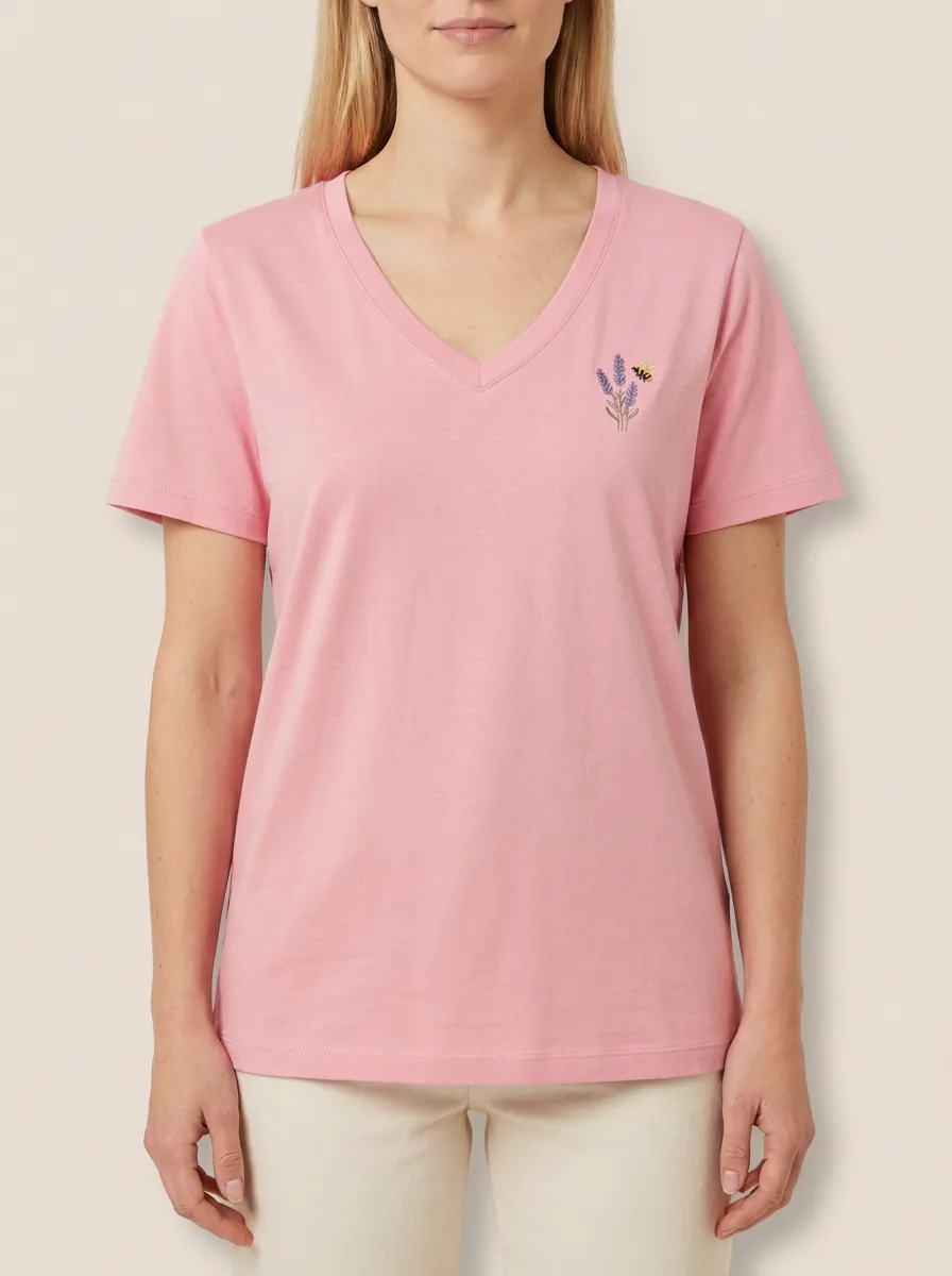 Women's Nature-Inspired Lavender & Bee Embroidered V-Neck T-Shirt