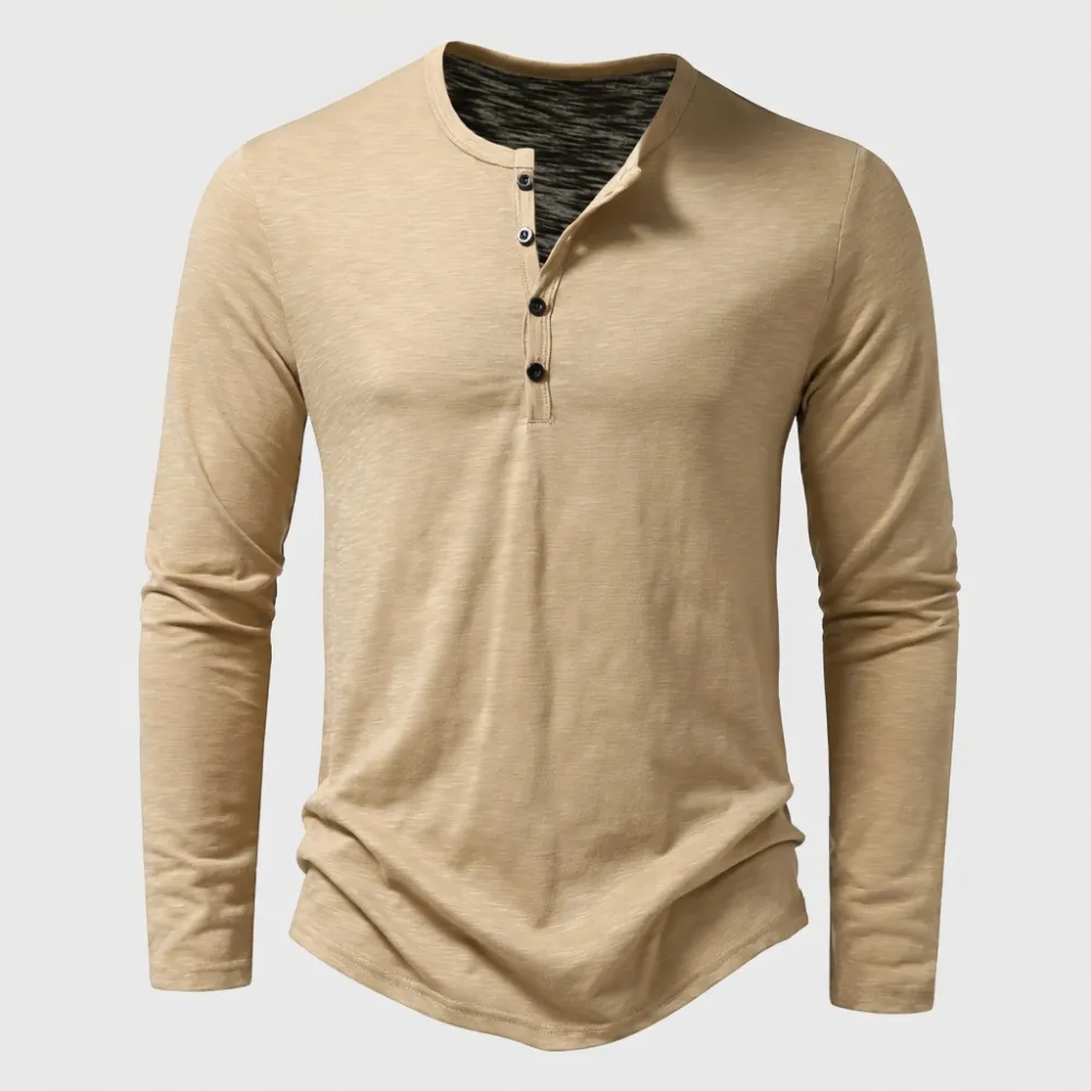 Men's Fashion: 2026 Autumn Western-Style Long-Sleeve Henley T-Shirt (Slub Cotton)