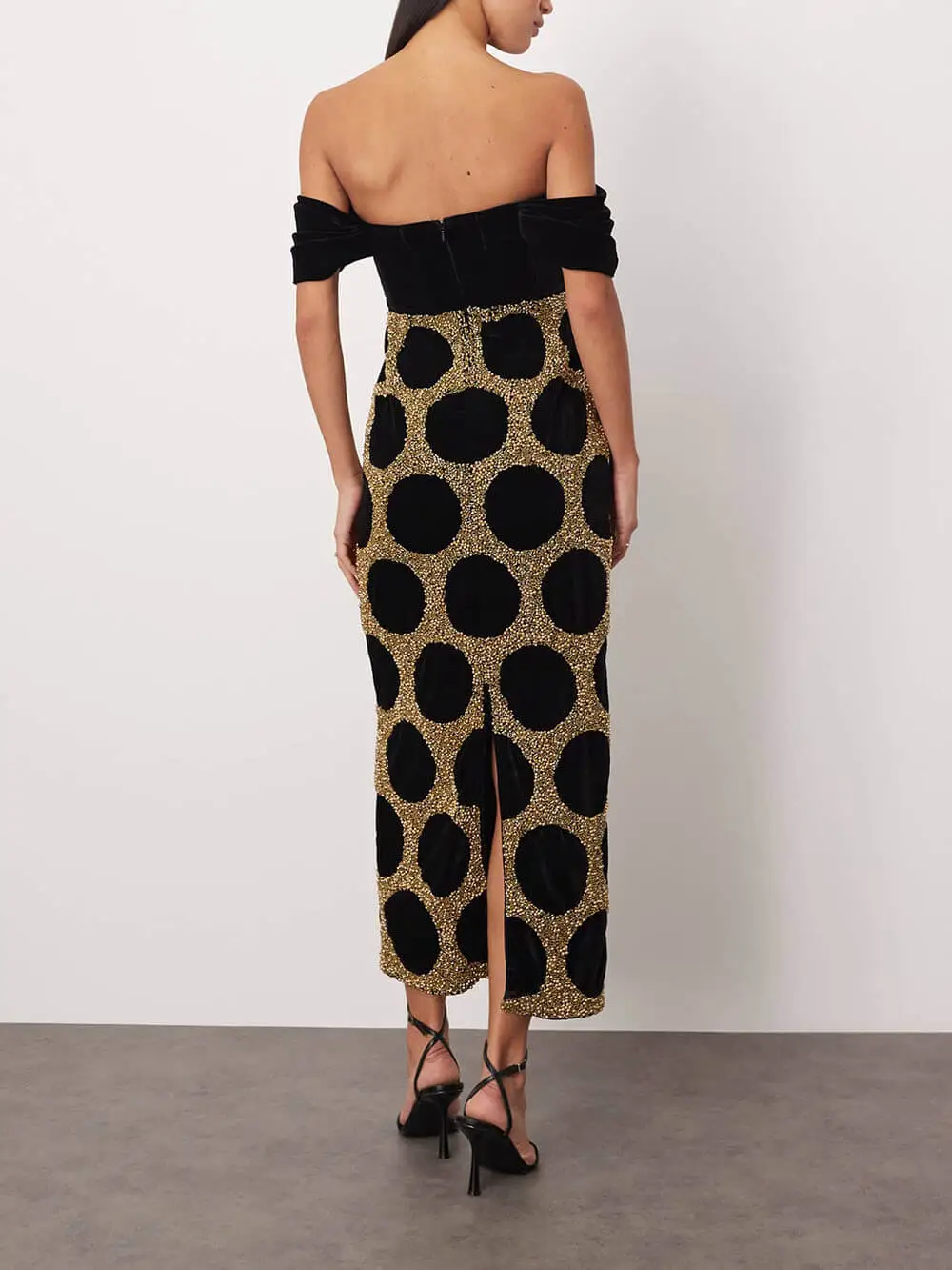 Elegant Draped Off Shoulder Polka Dot Midi Dress